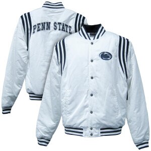 white sateen snap jacket with Athletic Logo on left chest, Penn State on back